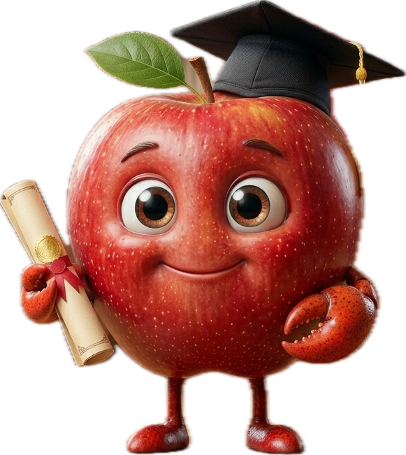 Stuart, the Claw-STU mascot — a red apple wearing a graduation cap, holding a diploma, with a crab claw for a hand