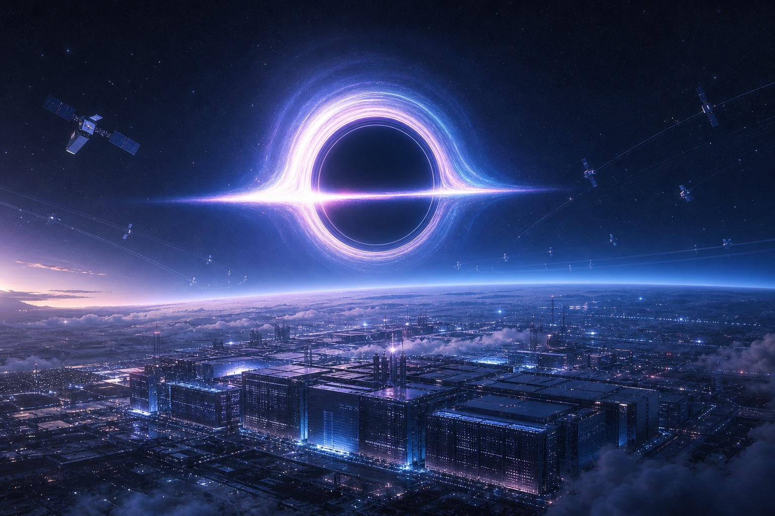 Futuristic event-horizon over datacenter hero image